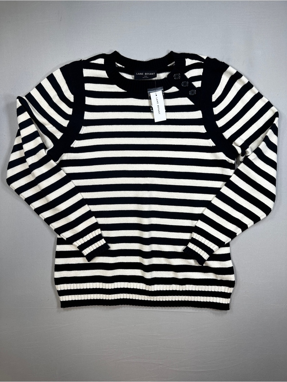 Lane Bryant Black and Cream Striped Crewneck Sweater 14/16